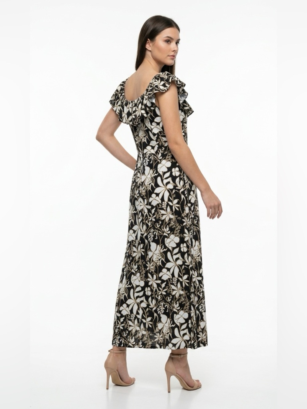 Ava & Viv Black with Gold Outline Floral Maxi Dress with 11” Slit on Bottom Side - Picture 2 of 6